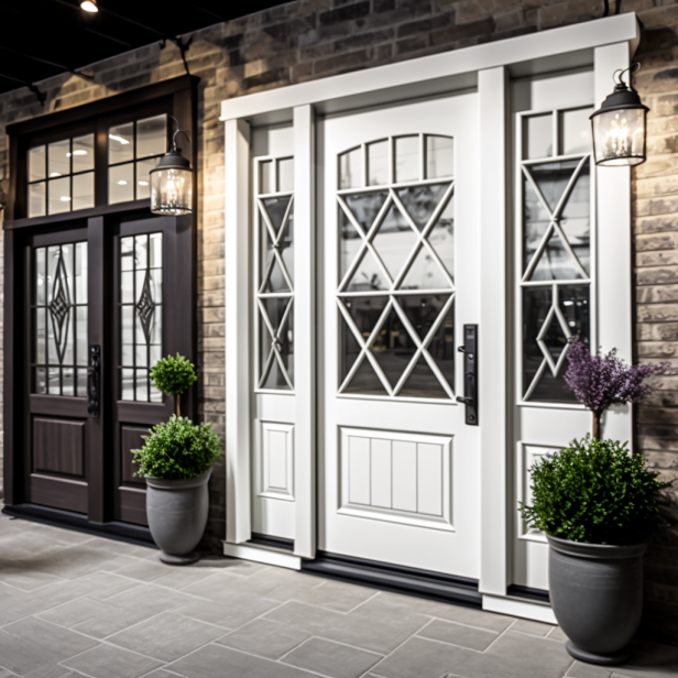Front entry door showroom with different styles of wooden, steel, fiberglass, and glass doors on display