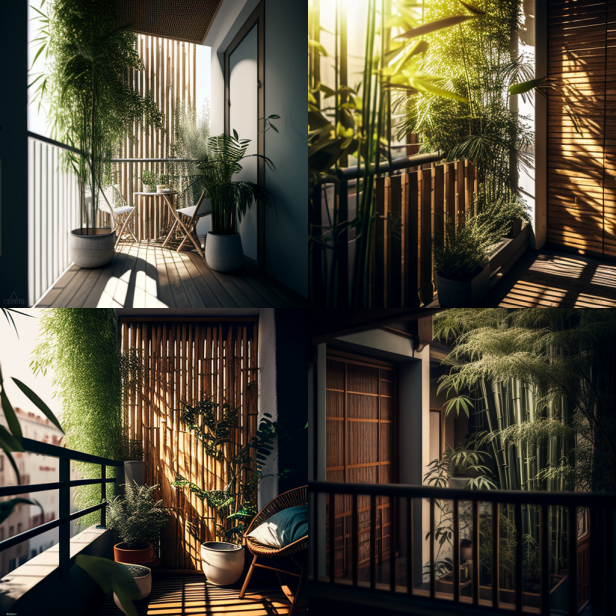 Bamboo screens attached to the railing of a balcony for an exotic and private atmosphere.