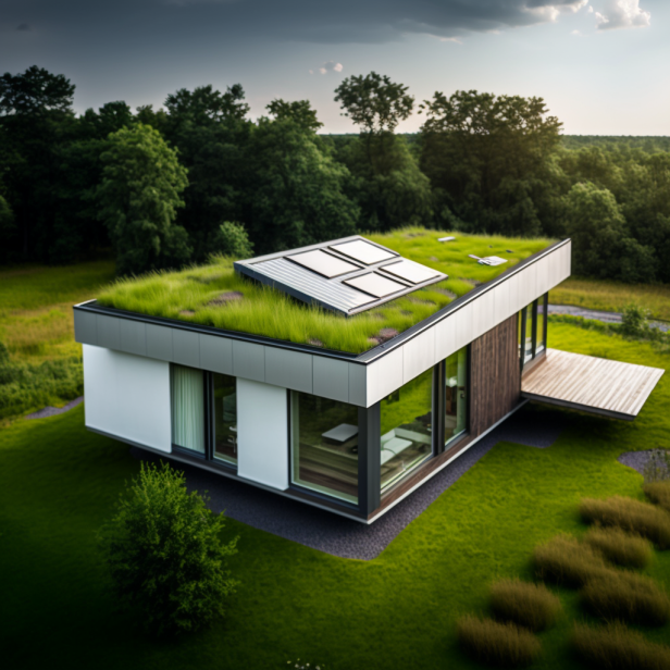 Modern home exterior with a green roof design.