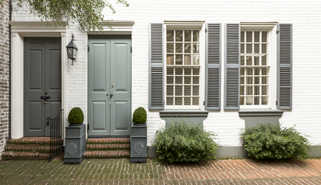 White brick house with grey window shutters and a cobblestone pathway