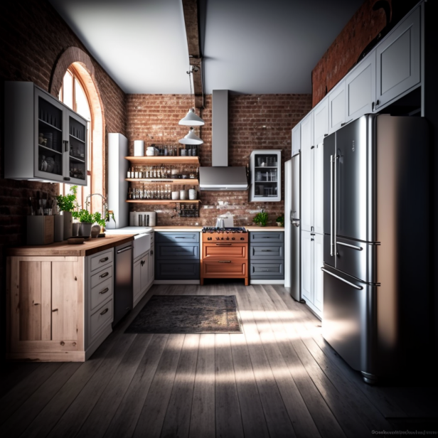 Industrial kitchen design with exposed brick walls, concrete floor, and stainless steel appliances.