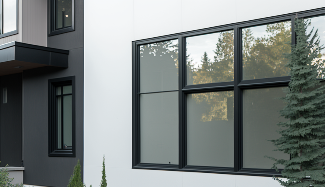 Modern black and white house with black window frames