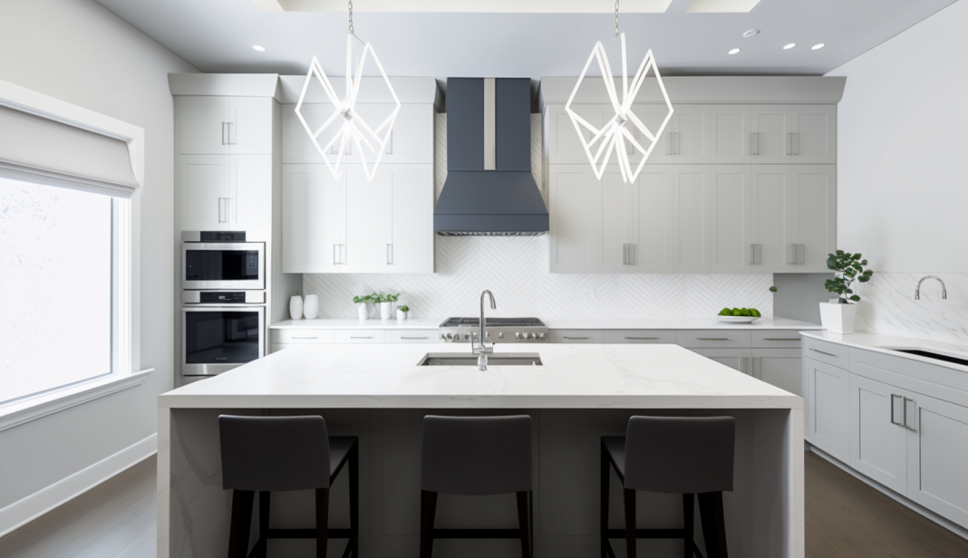 Contemporary kitchen with Shaker style cabinets and a minimalist island