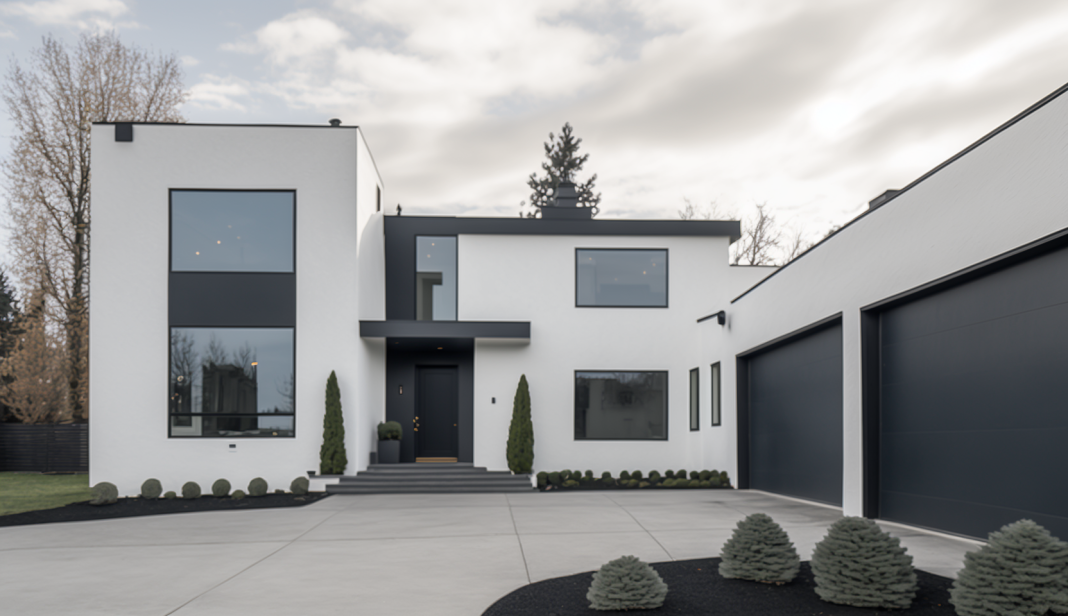Modern white house with dark grey windows and minimalist landscaping