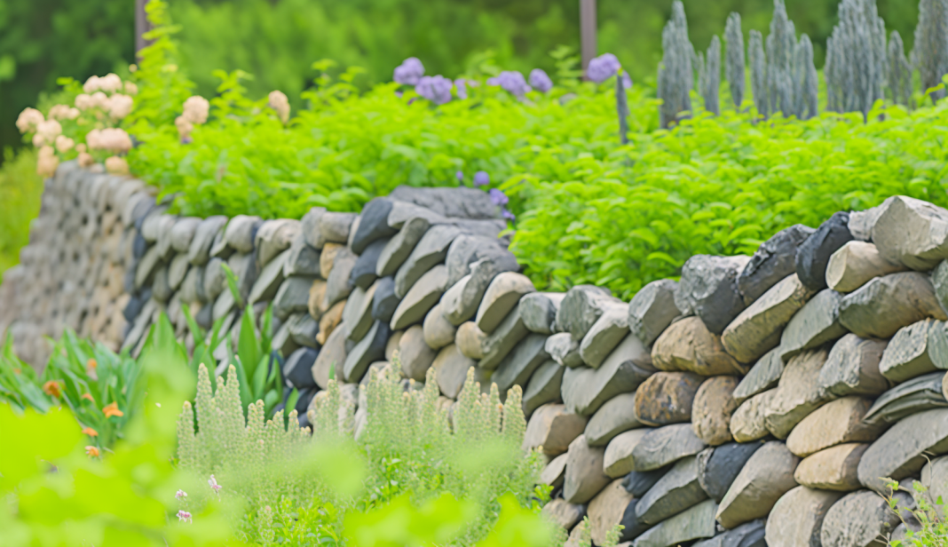 Stacked stone and plant vegetable garden fence