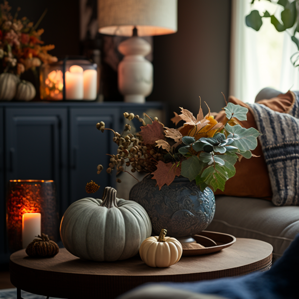 A living room with nature-inspired fall decor featuring pumpkins and changing leaves.