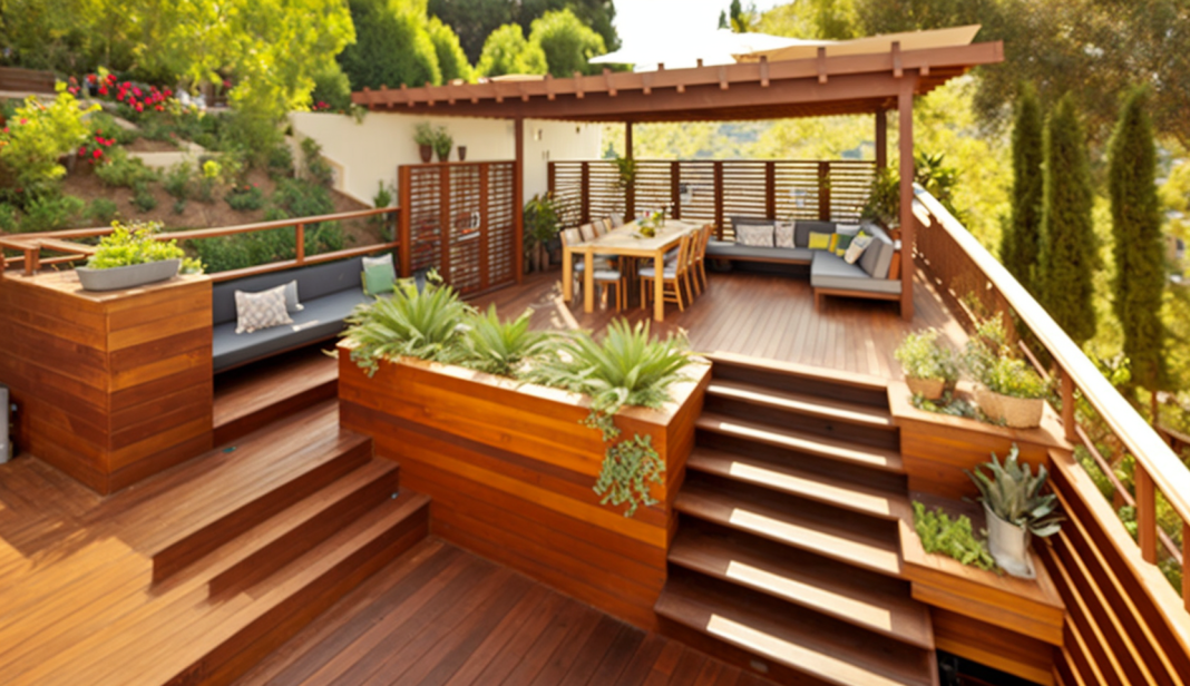 Raised wooden deck with seating, planters, and pergola overlooking a landscaped garden