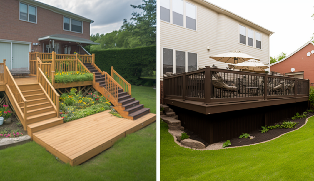 Side-by-side comparison of a wooden raised deck and composite ground level deck
