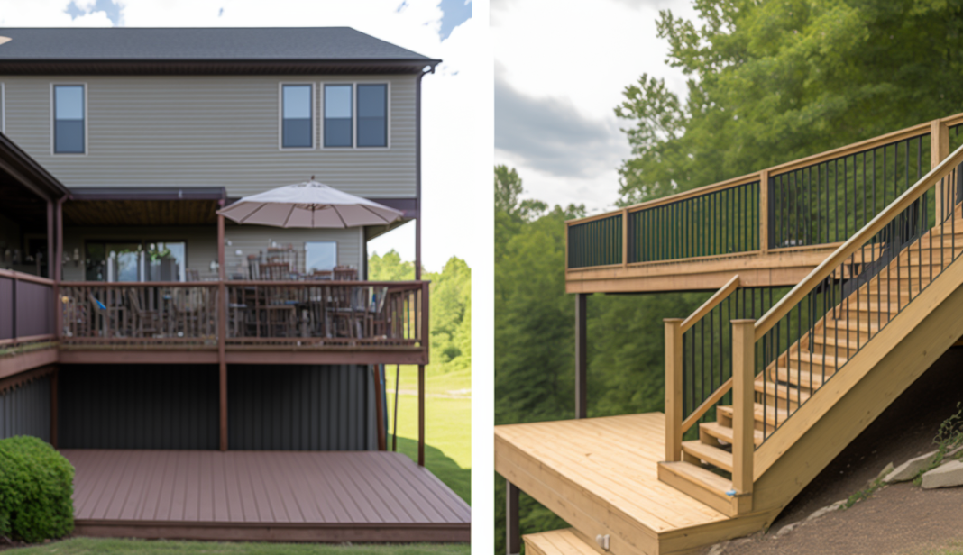 Raised wooden deck with railing and stairs next to a ground level composite deck in a side-by-side comparison