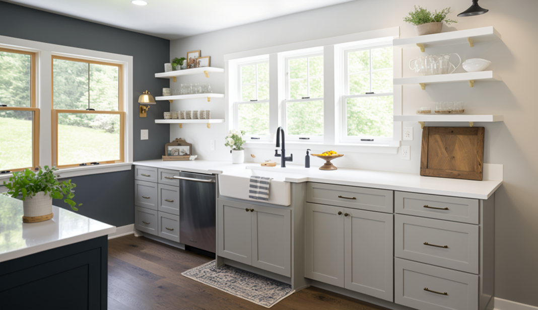 Open-concept Shaker style kitchen with ample storage and counter space