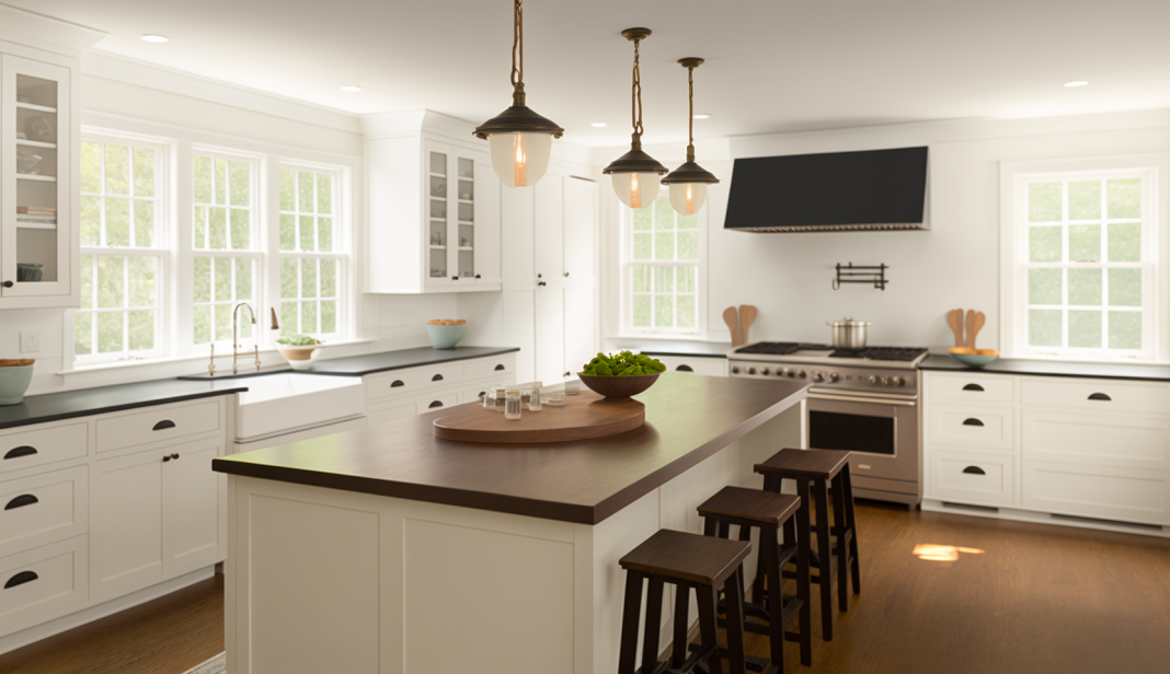 Elegant Shaker style kitchen with white cabinets and wooden island