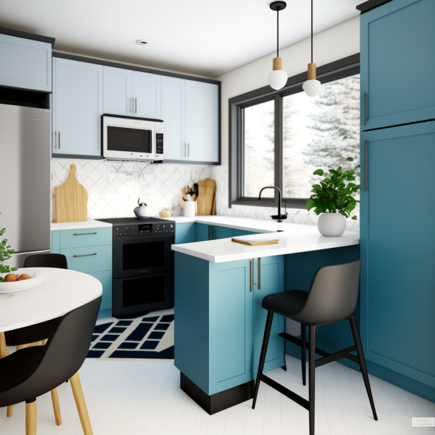 A small l-shaped kitchen with blue cabinets, white counter, and splashback.