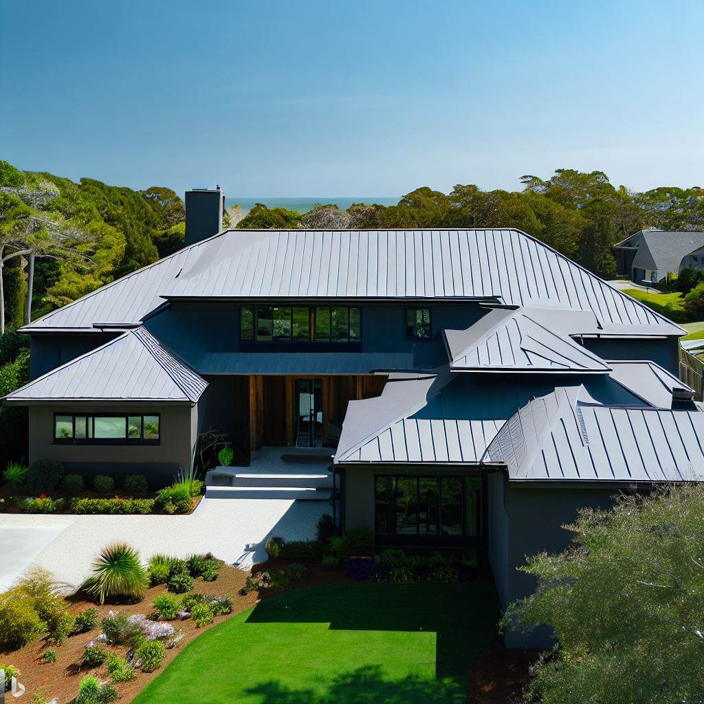 Modern home with dark gray standing seam metal roof