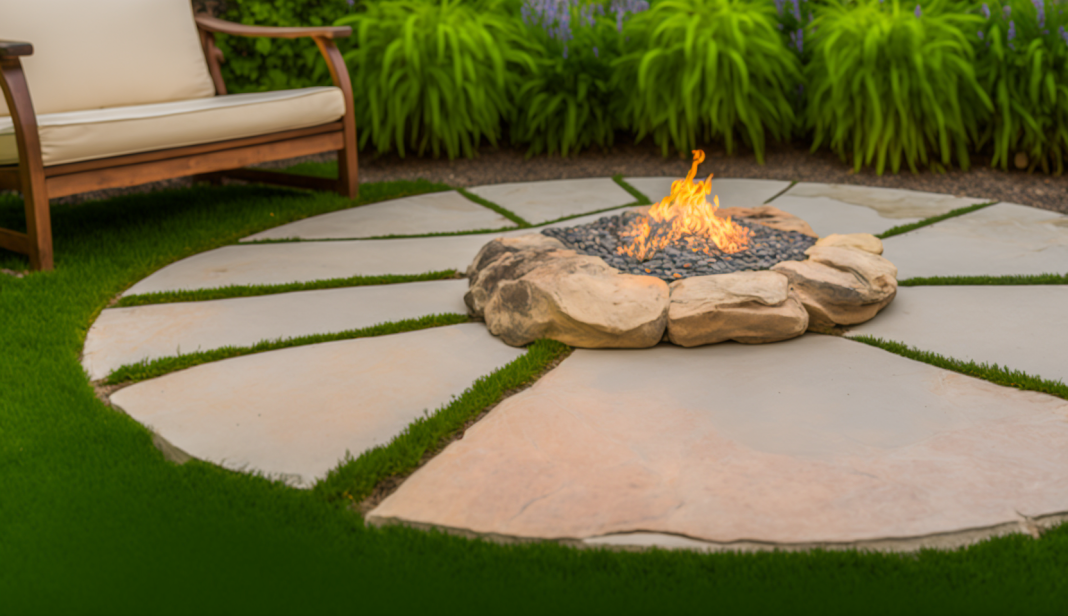 Stepping stone-style flagstone patio with round stone fire pit.