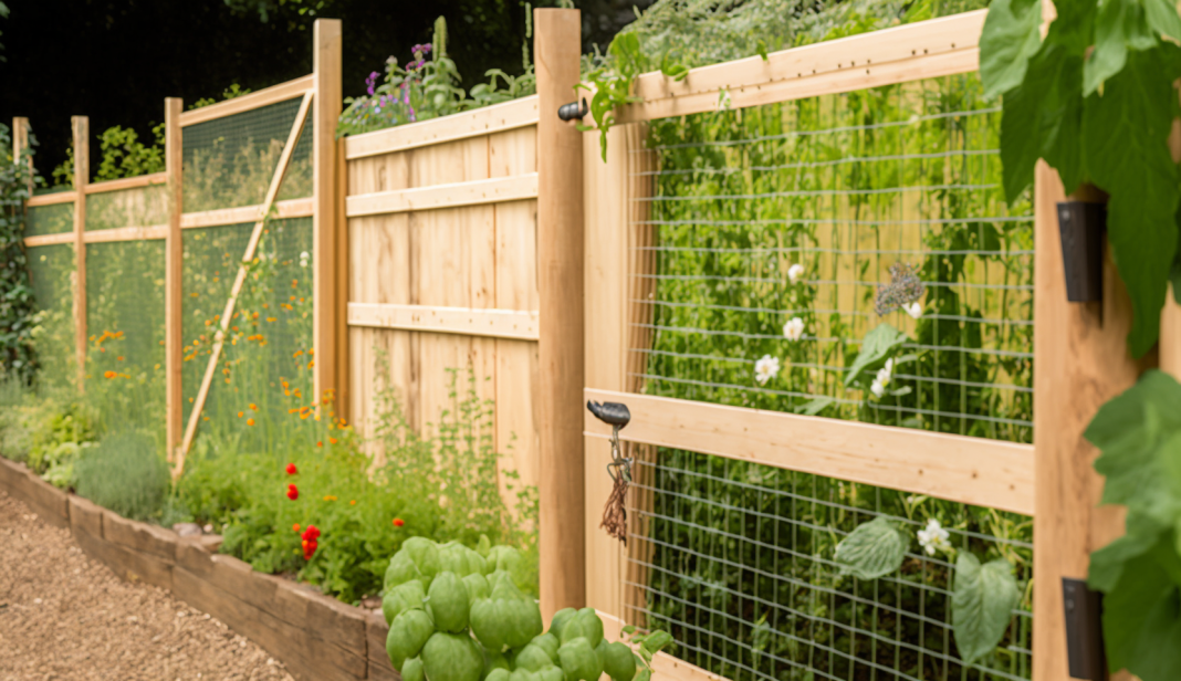 DIY wooden and wire mesh vegetable garden fence with gate and trellis