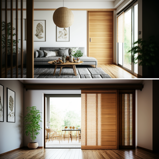 Interior shot of a room with bamboo sliding door panels separating the space.
