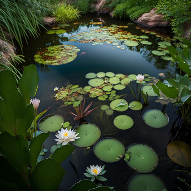 A photo of a pond with various water garden plants, including water lilies, lotus, and pickerel weed, surrounded by lush greenery.