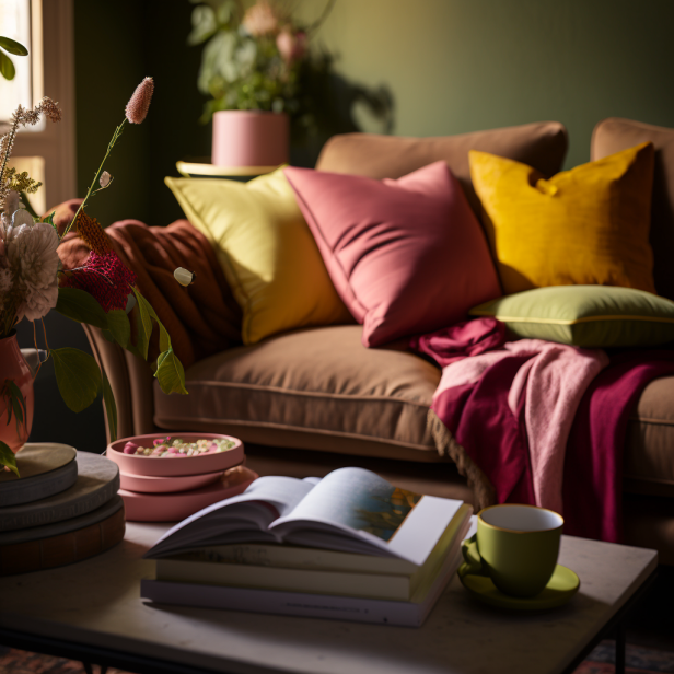 A living room with warm tones of yellow, green, and pink for fall.