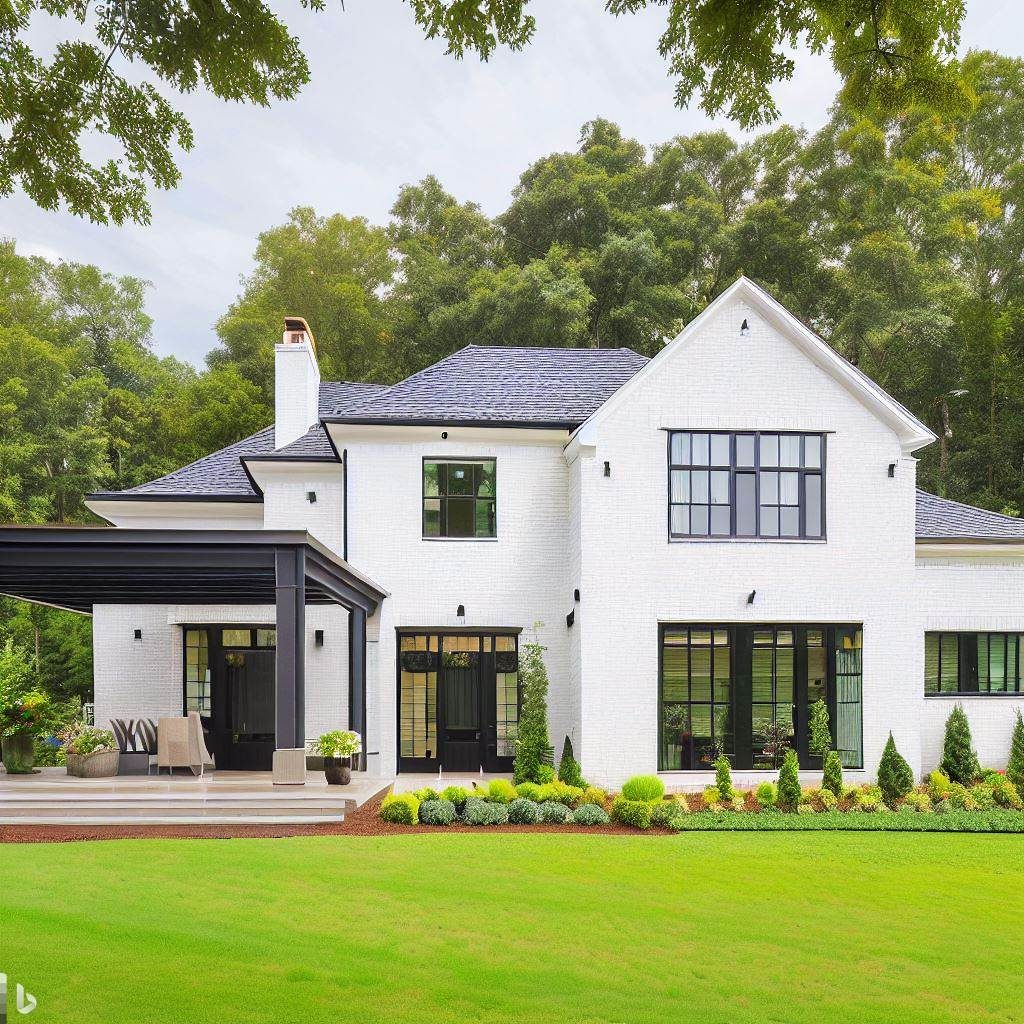 Beautiful white brick farmhouse featuring stylish black window frames and a peaceful setting