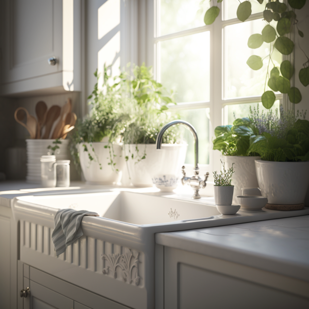 White ceramic farmhouse kitchen sink surrounded by greenery and natural light