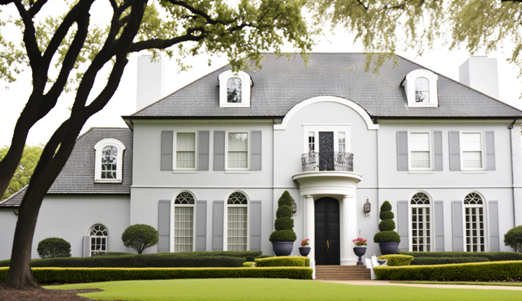 White house with grey window frames and trim surrounded by a lush green lawn