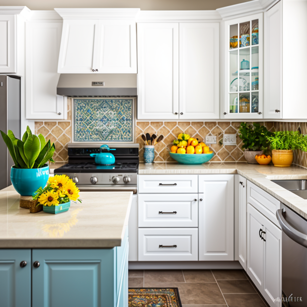 White kitchen cabinets with colorful backsplash