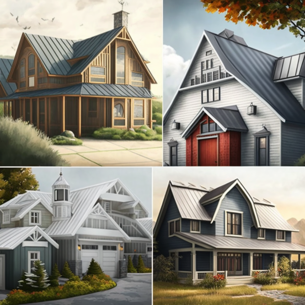 Collage of residential homes with various zinc roof styles and finishes