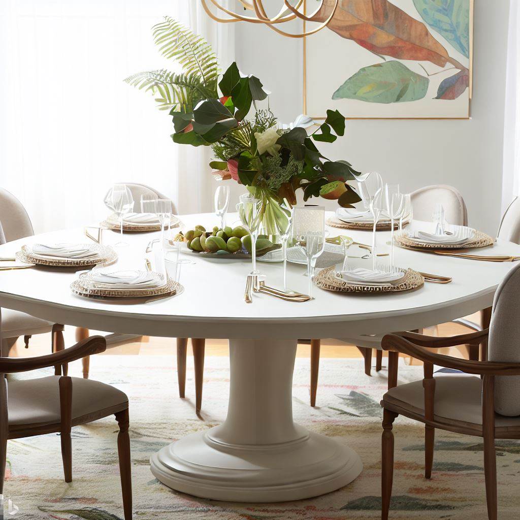 Accessorized white round dining room table with leaf and table settings