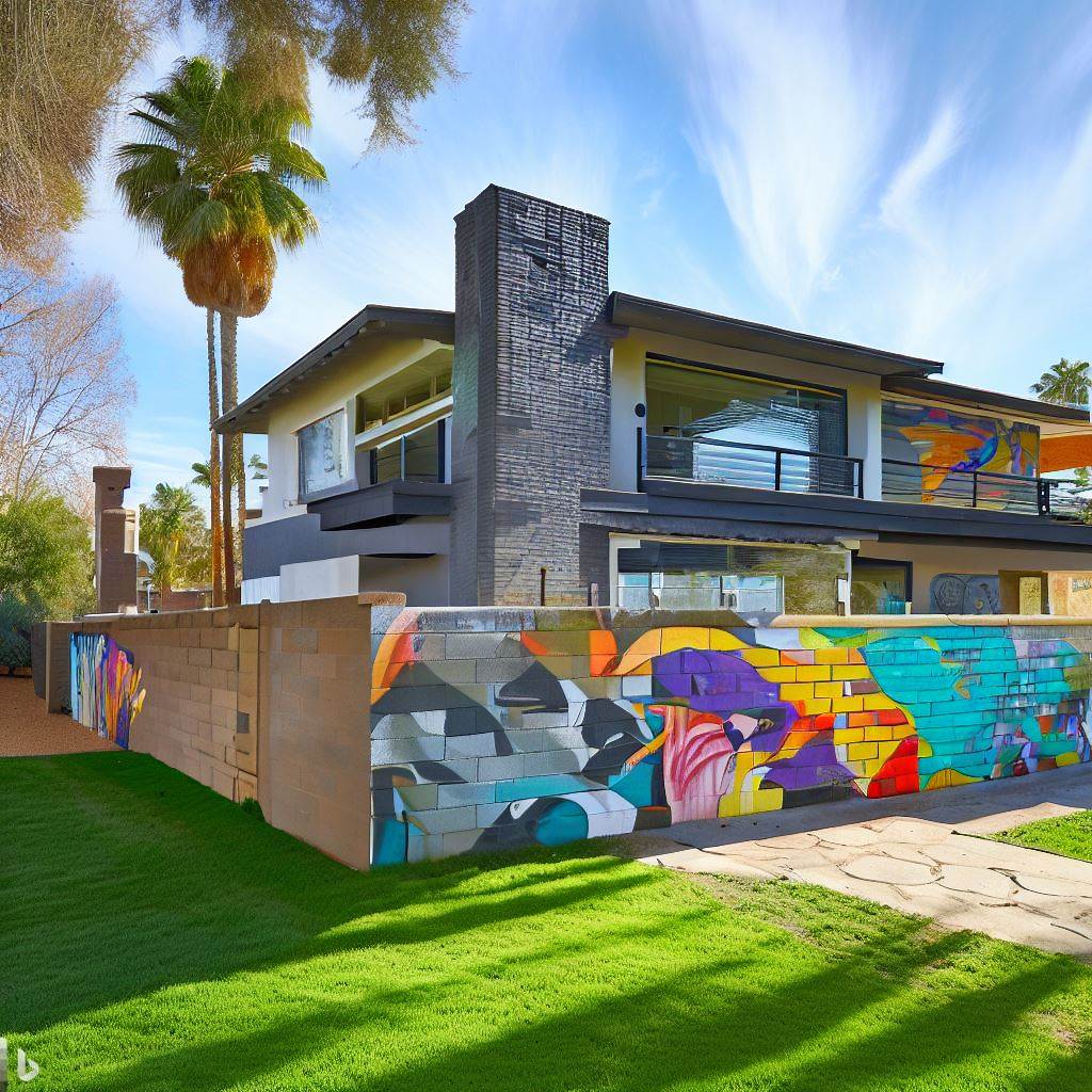 Colorful mosaic or mural on a cinder block fence in a backyard