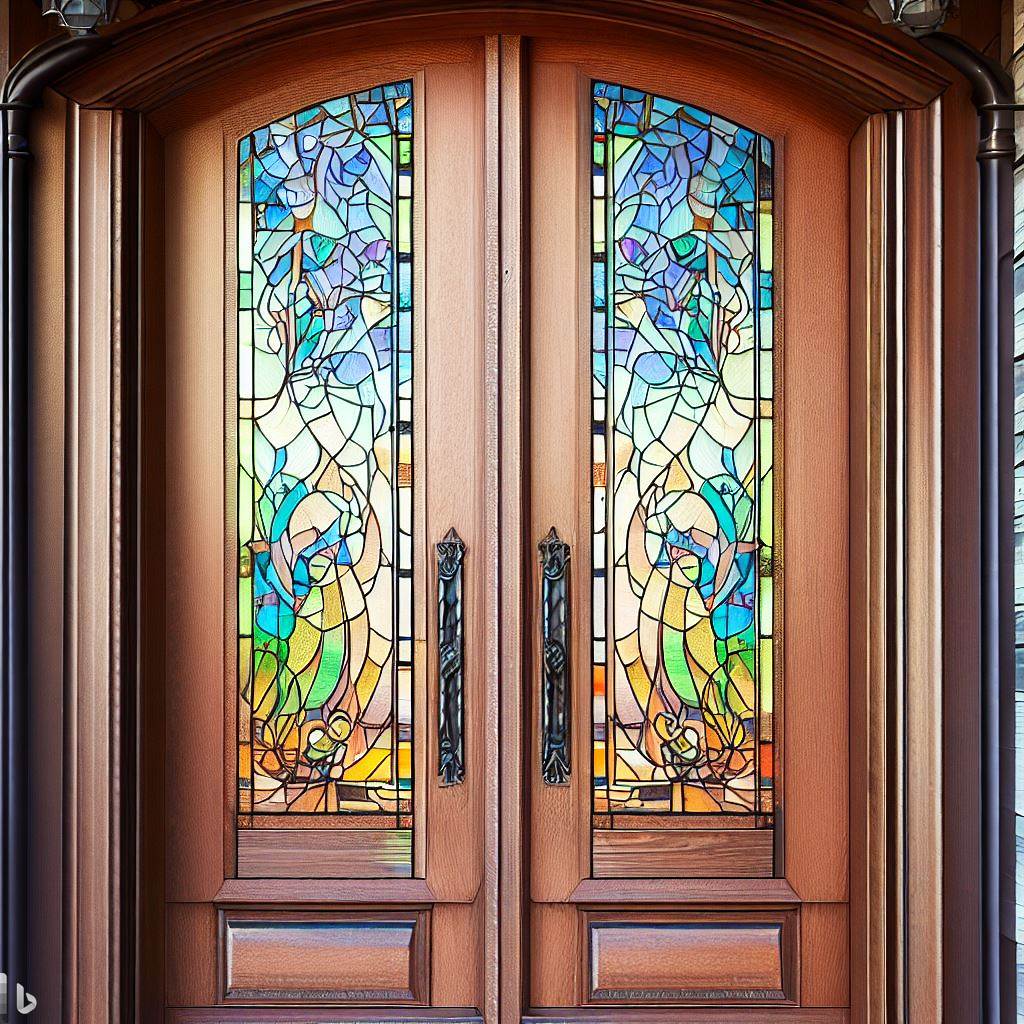 Wooden exterior door with colorful stained glass panel and iron detailing