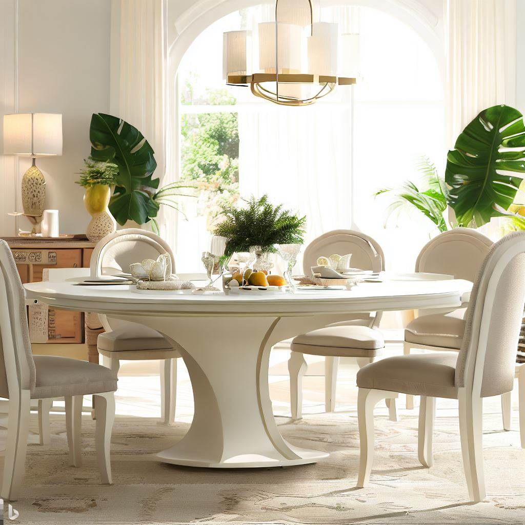 White round dining room table with leaf and matching chairs in a dining area