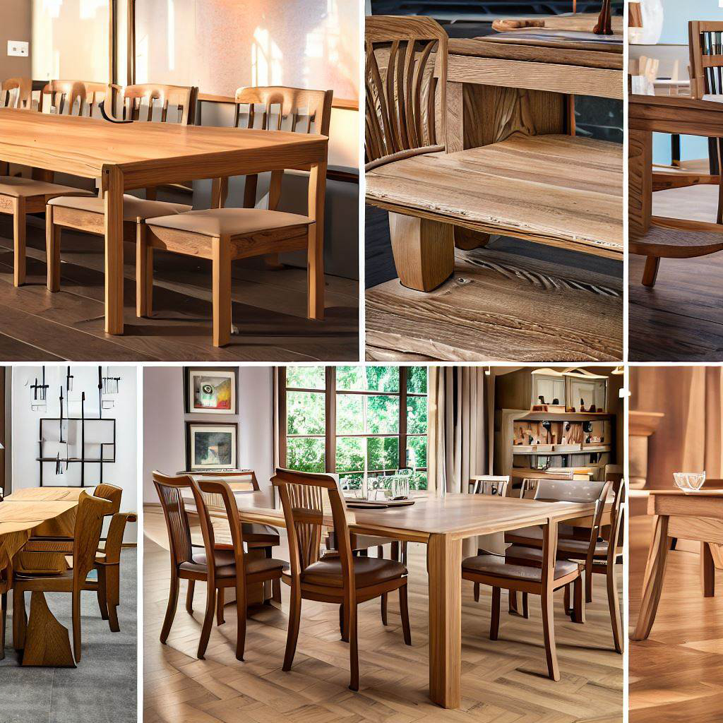 Collage of various solid oak dining table and chairs styles