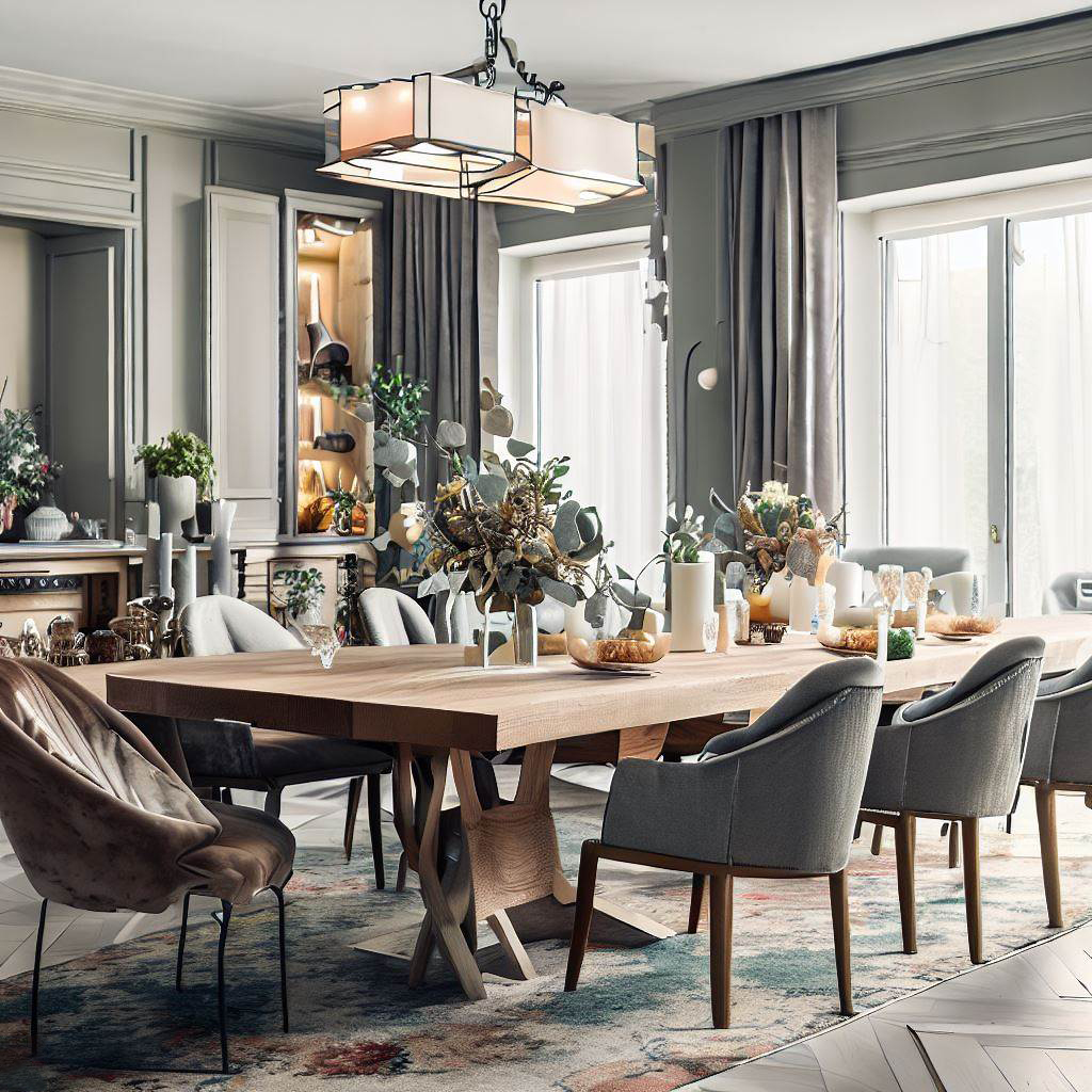 Elegant-grey-wooden-dining-table-with-mixed-upholstered-and-wooden-chairs