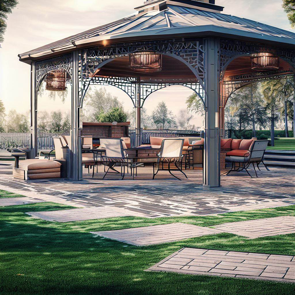 Industrial-style gazebo with brick paver flooring on grass