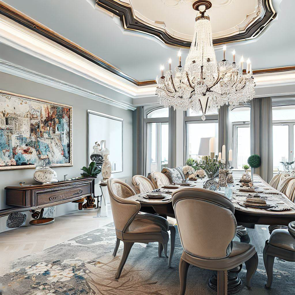 Luxurious Victorian Modern dining room with chandelier and elegant furniture