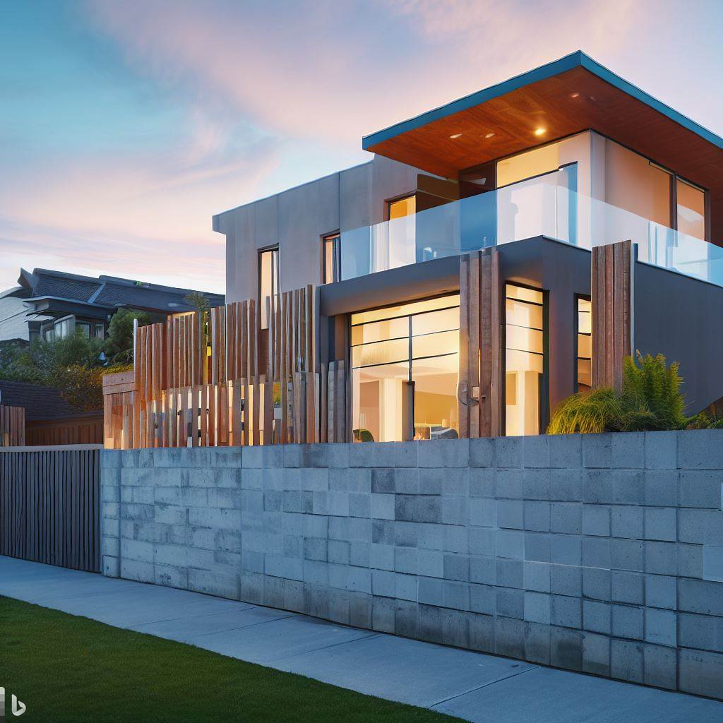 Stylish combination fence using cinder blocks and wood in a backyard setting