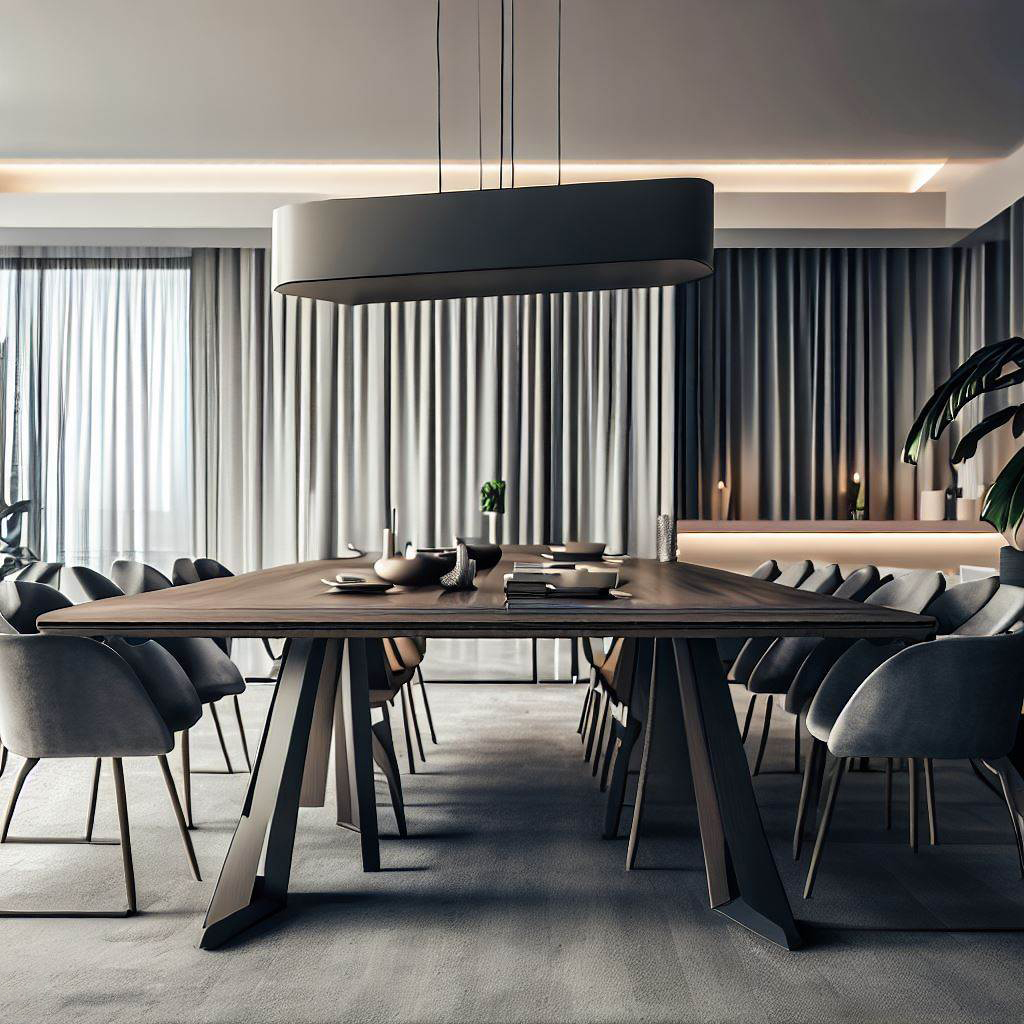 Sleek-modern-grey-wooden-dining-table-with-metal-legs