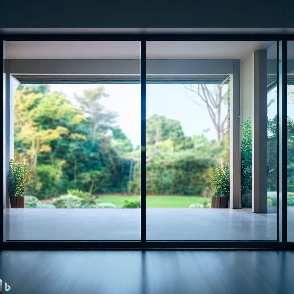 A modern home with horizontal sliding glass door-windows facing towards a lush garden.