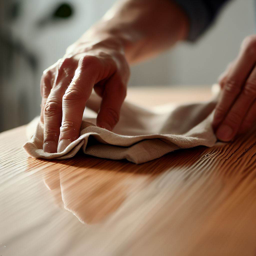 Person cleaning solid oak dining table with soft cloth