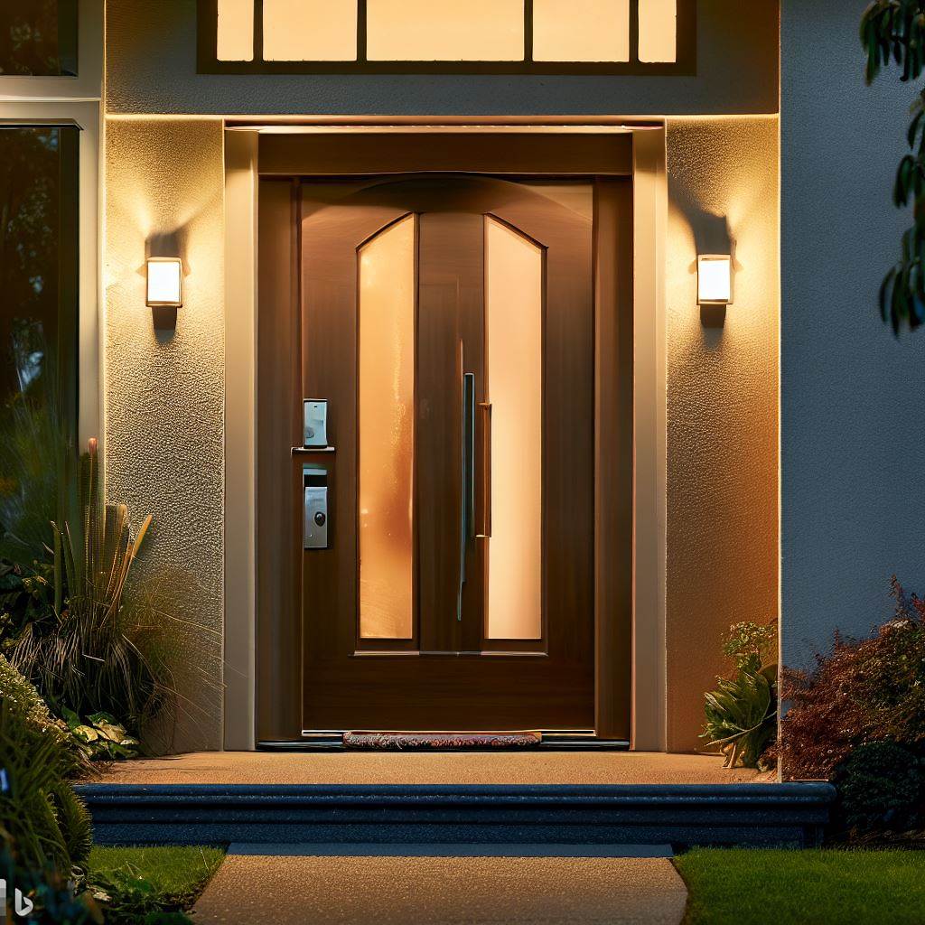 Modern fiberglass exterior door with sidelights on both sides