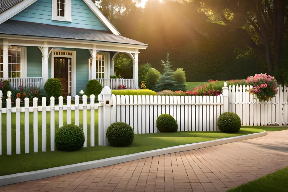 A traditional wooden picket fence surrounding a vibrant garden.