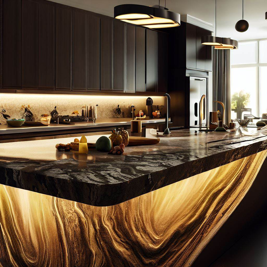 Kitchen island with waterfall edge granite countertop