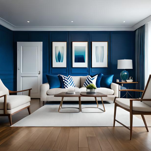 Modern minimalist royal blue living room with white sofa