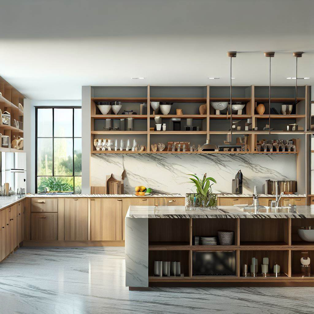 Modern kitchen with open shelving and granite countertopsPlacement