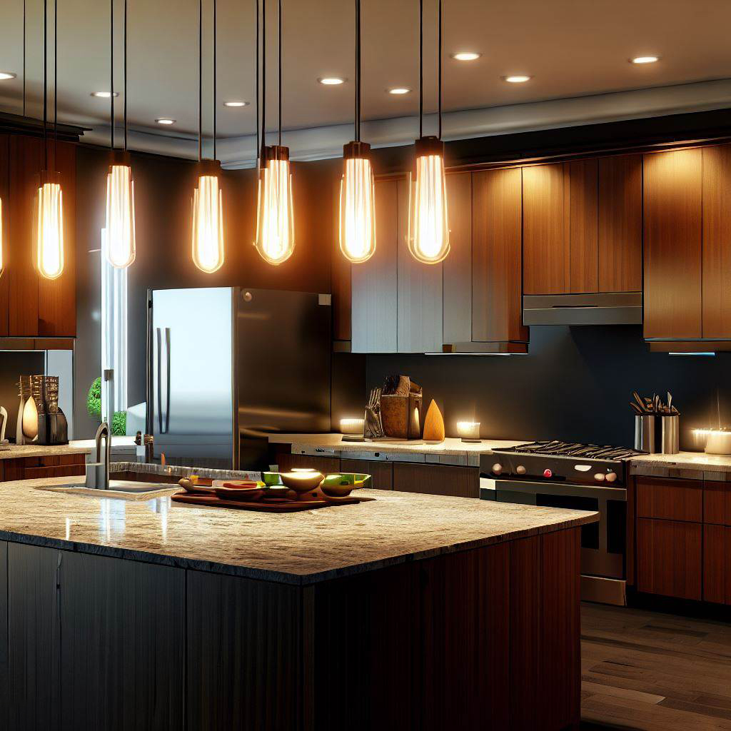 Modern kitchen with pendant lighting over granite countertops