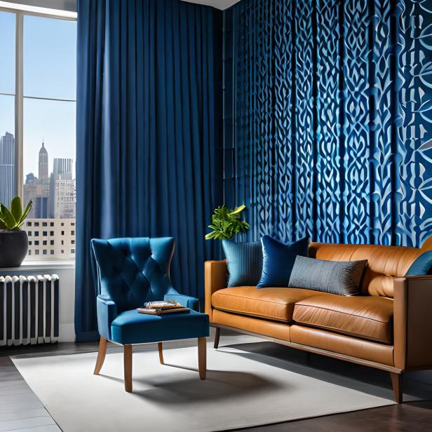 Contemporary royal blue living room with patterned wallpaper and curtains
