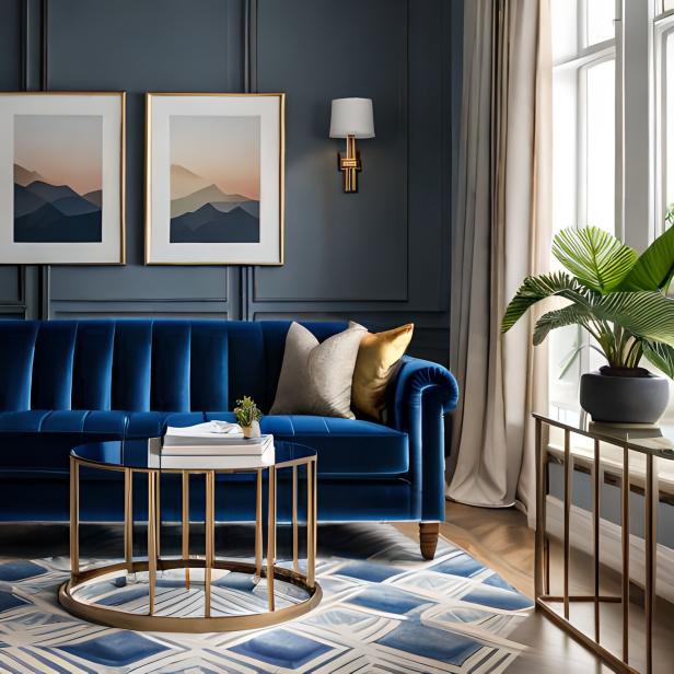 Modern royal blue living room with gold accents and velvet sofa