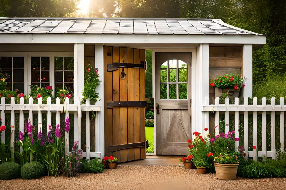 Rustic wooden Dutch door fence gate in a countryside garden