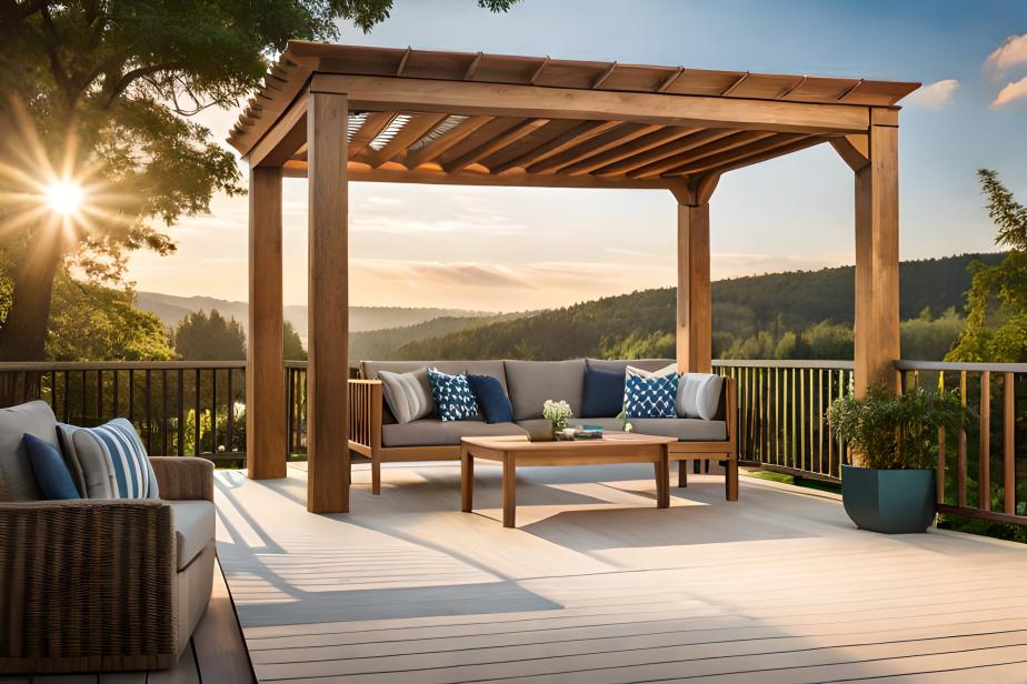 Stylish home with a freestanding deck and pergola.