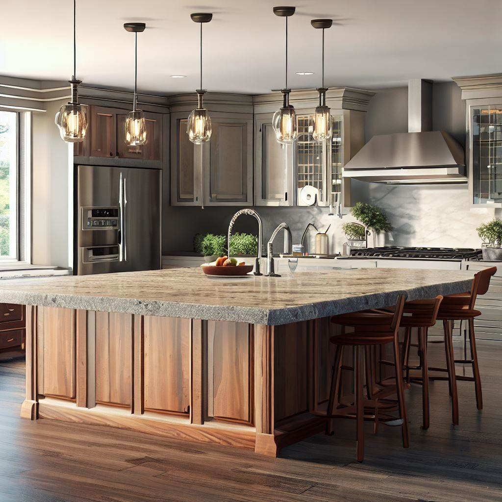 Modern kitchen island with a granite countertop